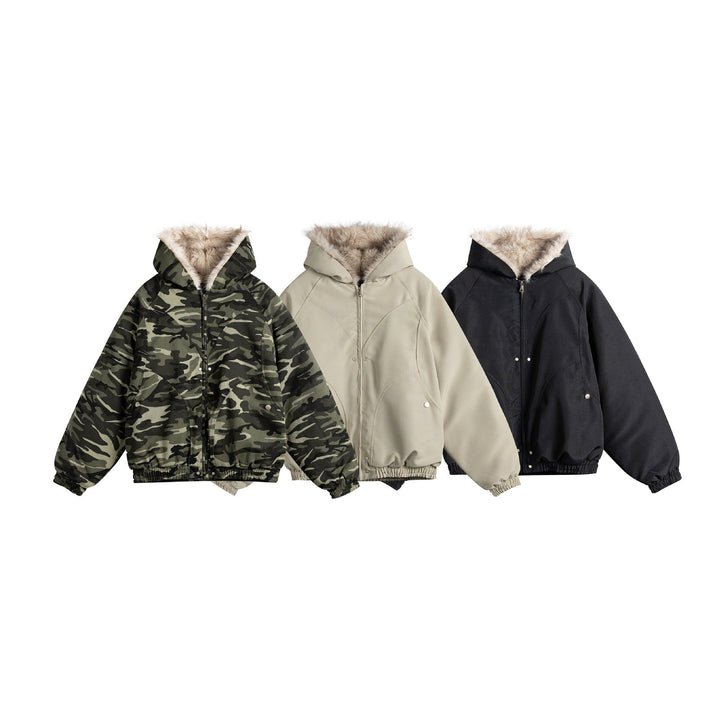 Women Short Cut Camouflage Transition Jacket with Faux Fur Hood and Elastic Hem