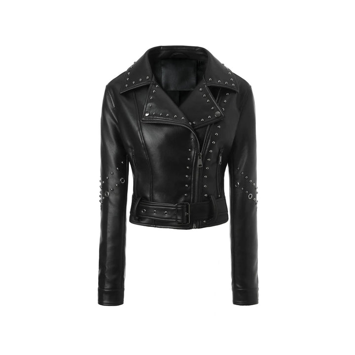 Women Cropped Studded Biker Jacket with Waist Belt