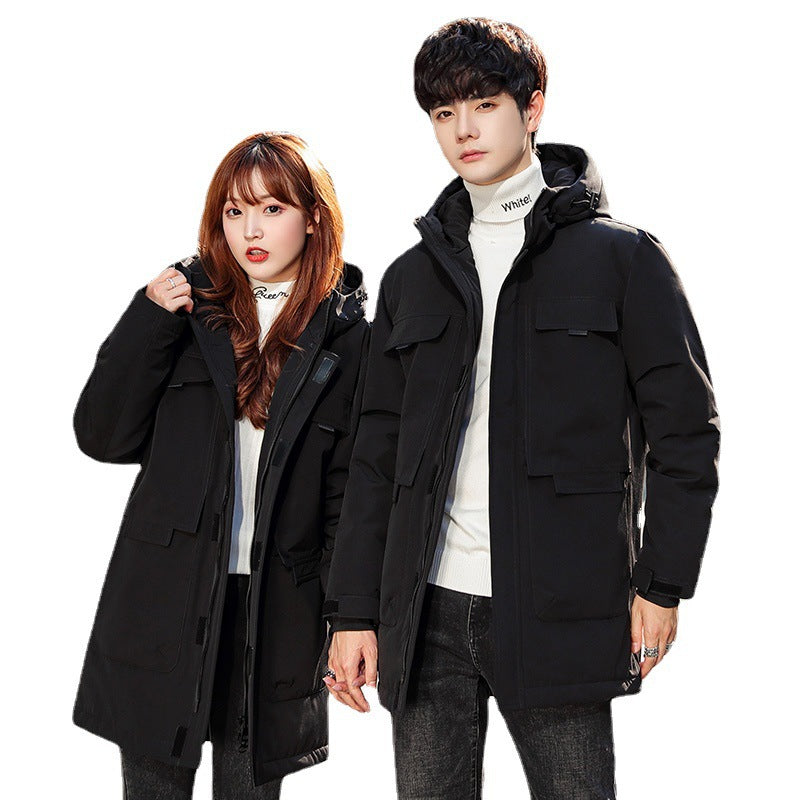 Unisex Padded Long Parka with Hood Multi-Pockets and Windproof Thermal Insulation