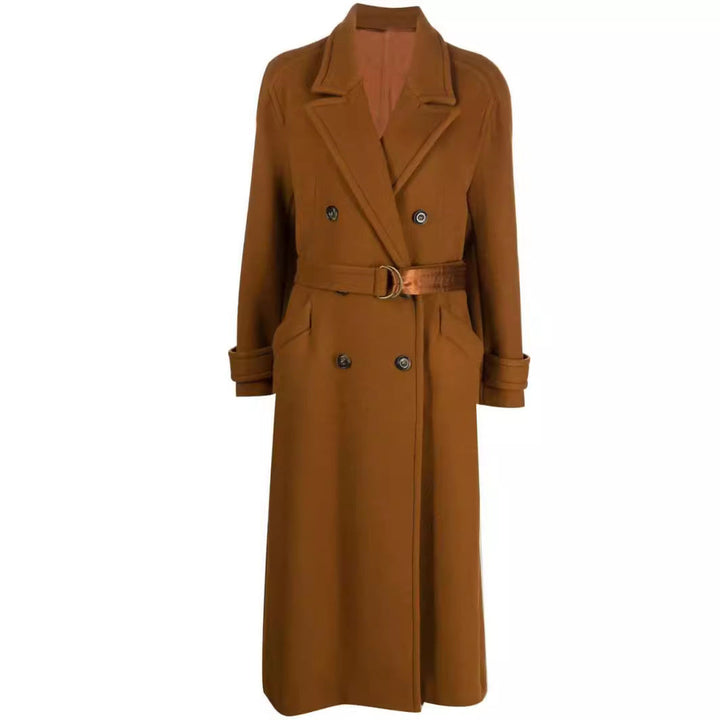 Women Maxilength Double-breasted Wool Blend Coat with Satin Ribbon Waist Belt and Rolled-up Sleeves