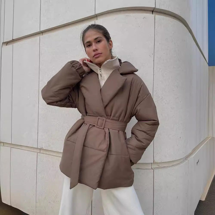 Women Padded Tailored Quilted Jacket with Belt and Hood