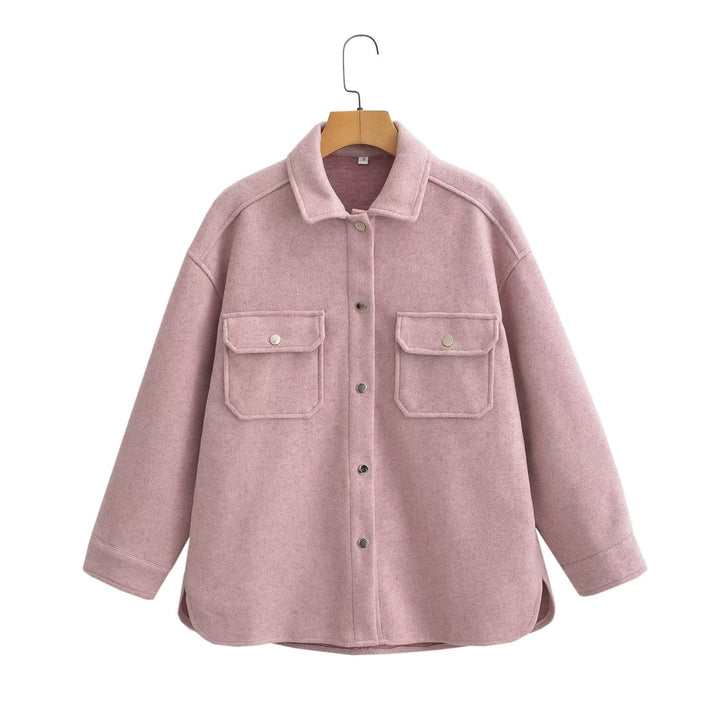 Women Oversize Wool Blend Shacket with Snap Button Front and Patch Pockets