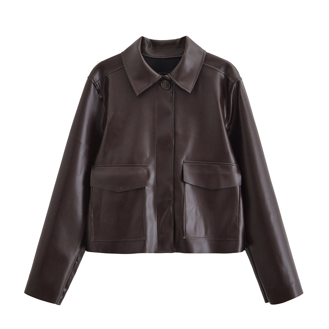 Women Short Boxy Leather-Look Jacket with Flap Pockets and Shirt Collar