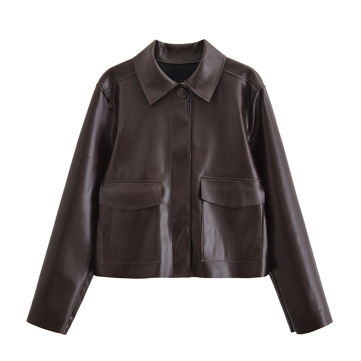 Women Short Boxy Leather-Look Jacket with Flap Pockets and Shirt Collar