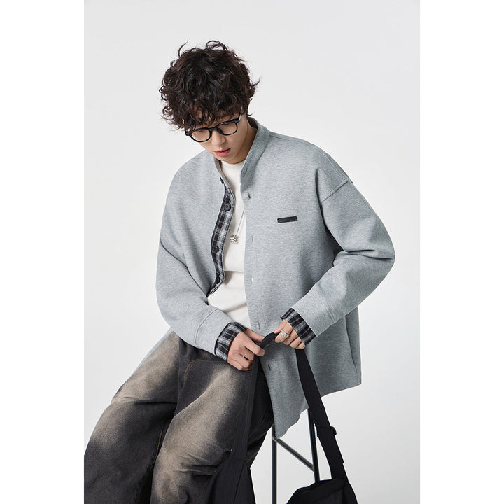 Unisex Oversized Shirt Jacket in Sweat Overlay with Stand-Up Collar and Checkered Inner Cuff