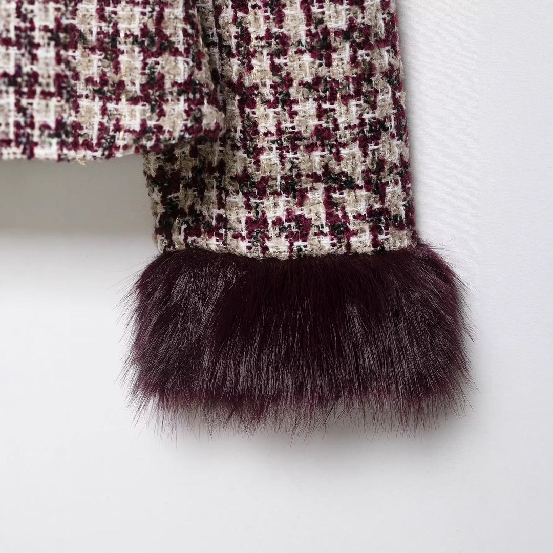Women Boucle-Tweed Jacket with Stand-up Collar and Faux Fur Cuffs
