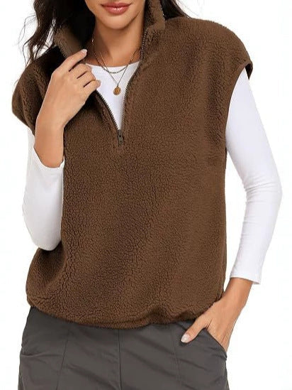 Women Sleeveless Teddy Fleece Vest with Half Zip and Stand Collar