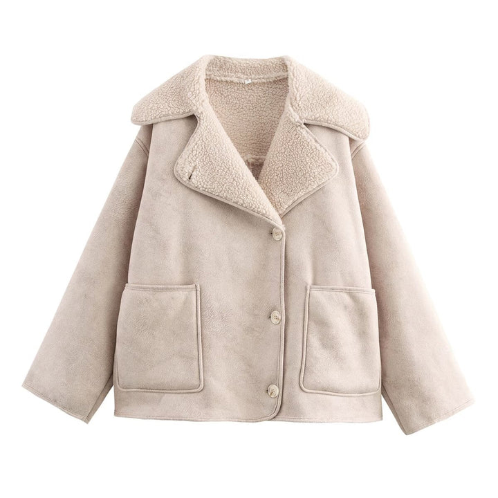Women Short Lambskin Look Jacket in Boxy Cut with Shawl Collar and Patch Pockets