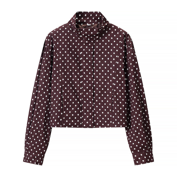 Women Polka Dot Short Jacket with Stand Collar and Concealed Snap Button Placket