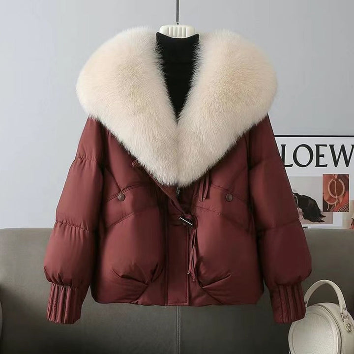 Women nan short padded jacket with voluminous faux fur collar and waist draw
