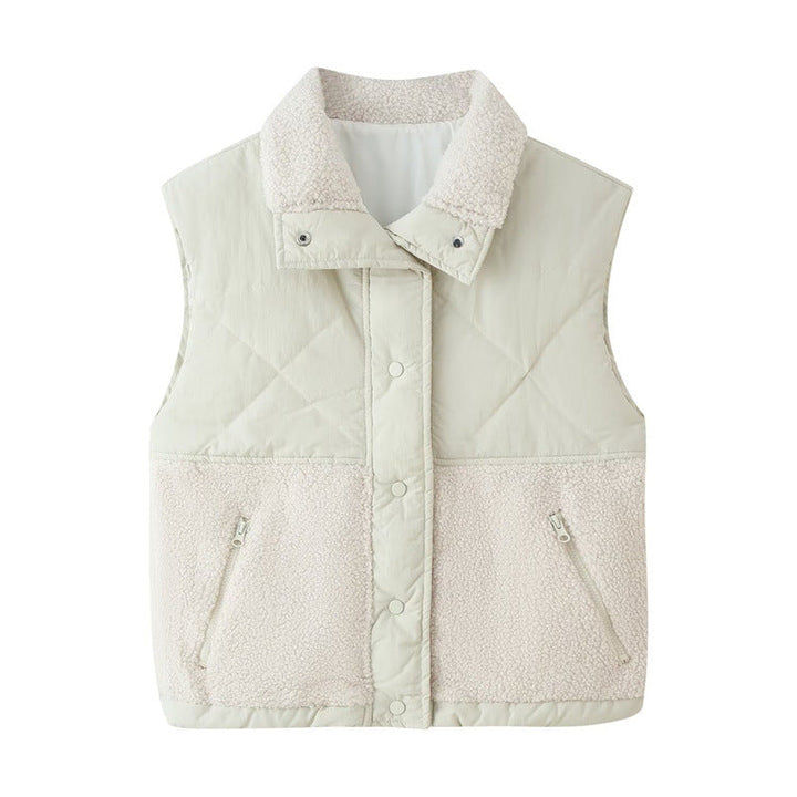 Ladies quilted vest with teddy fleece insert, stand-up collar and zip pockets