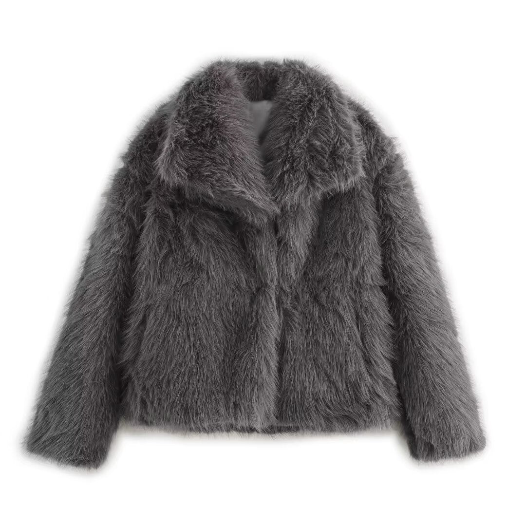 Women short cut boxy faux fur coat with shawl collar