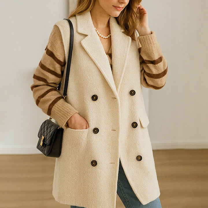 Women Long Sleeveless Boucle Vest with Double-Breasted Button Placket and Revere Collar