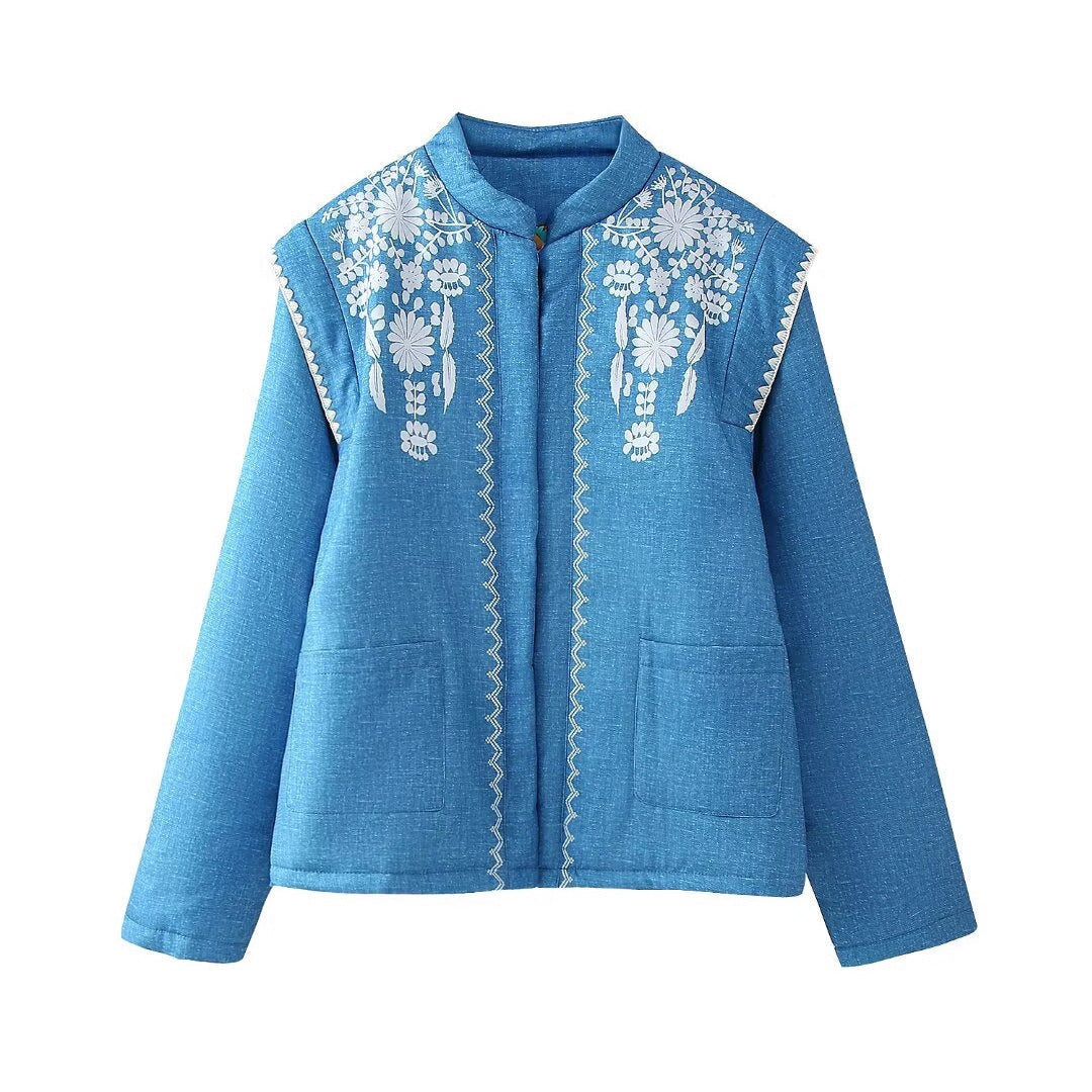 Women Quilted Linen Look Stand Collar Jacket with Folk Chest Embroidery &amp; Patch Pockets