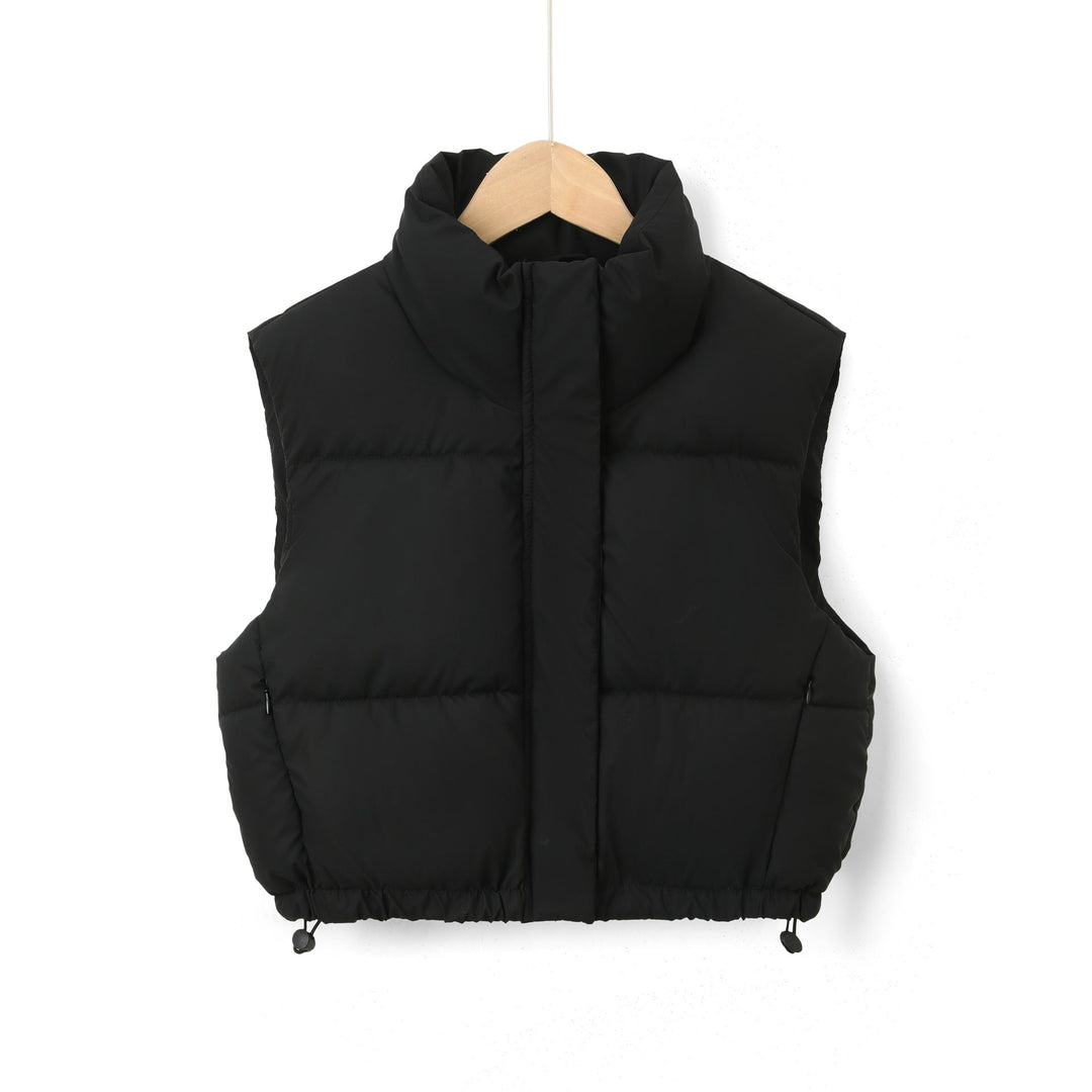 Women Padded Quilted Vest with High Stand-Up Collar and Drawstring