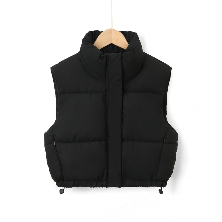 Women Padded Quilted Vest with High Stand-Up Collar and Drawstring