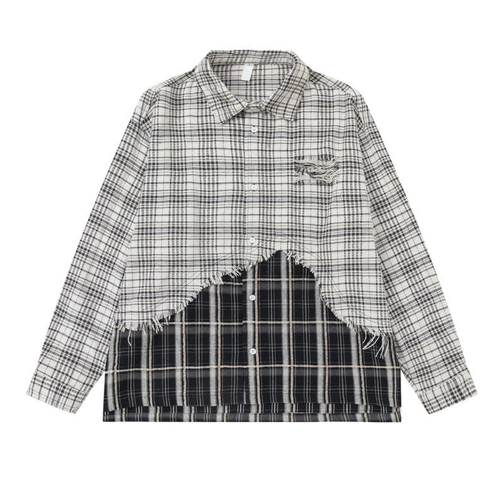 Unisex Oversized Shirt Jacket with Layered Look, Frayed Hem and Check Mix
