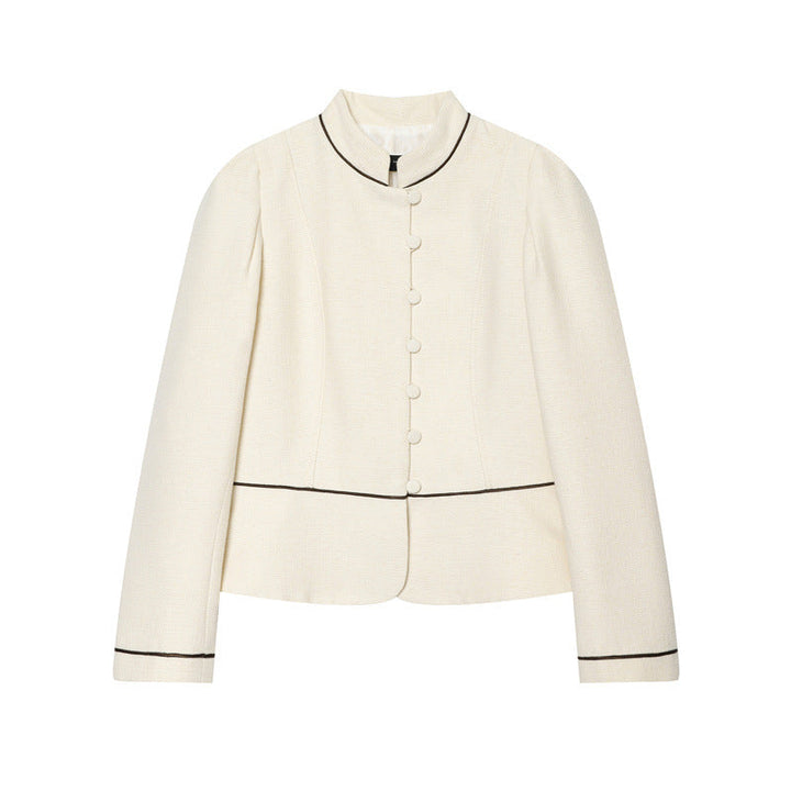 Women Bouclé-Tweed Short Jacket with Stand-Up Collar, Tailored Cut and Contrast Piping