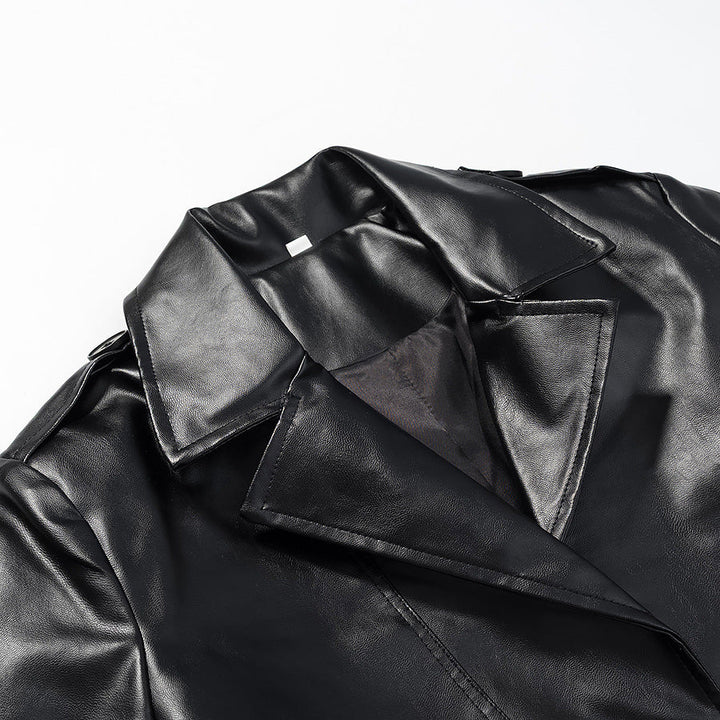 Women Longer Trench Coat in Leather Look with Tie Belt and Epaulettes