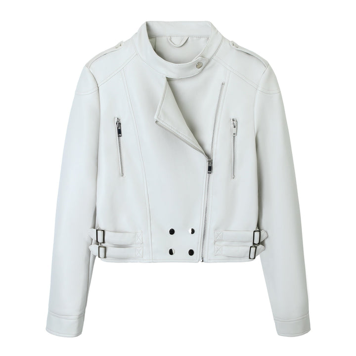 Women Cropped Biker Jacket made of Faux Leather with Stand-up Collar, Decorative Seams and Double Buckles