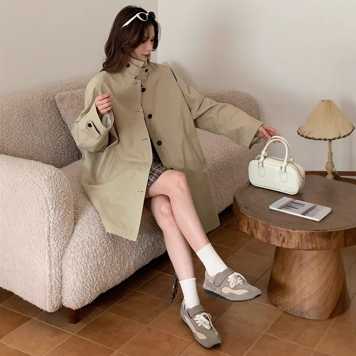 Women Boxy Short Coat with High Stand Collar Visible Button Closure and Side Pockets