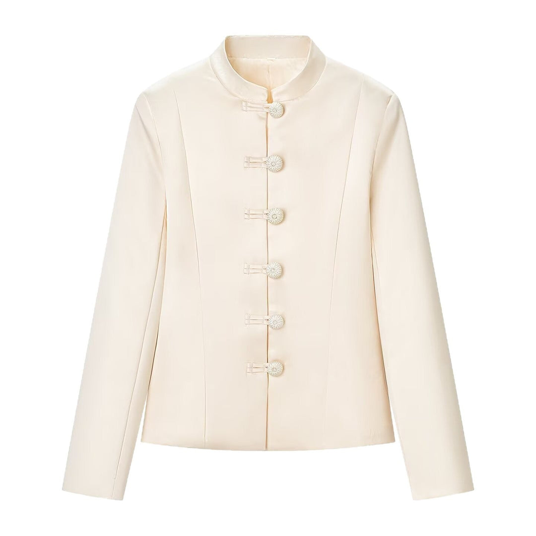Women Tailored Short Jacket with Stand-up Collar and Decorative Toggle Closures