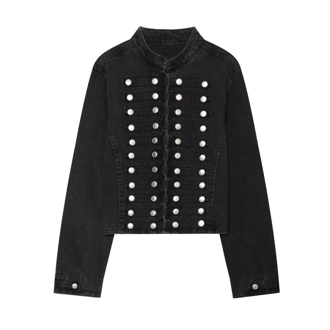 Ladies short cut denim jacket in military style with stand-up collar and decorative button rows
