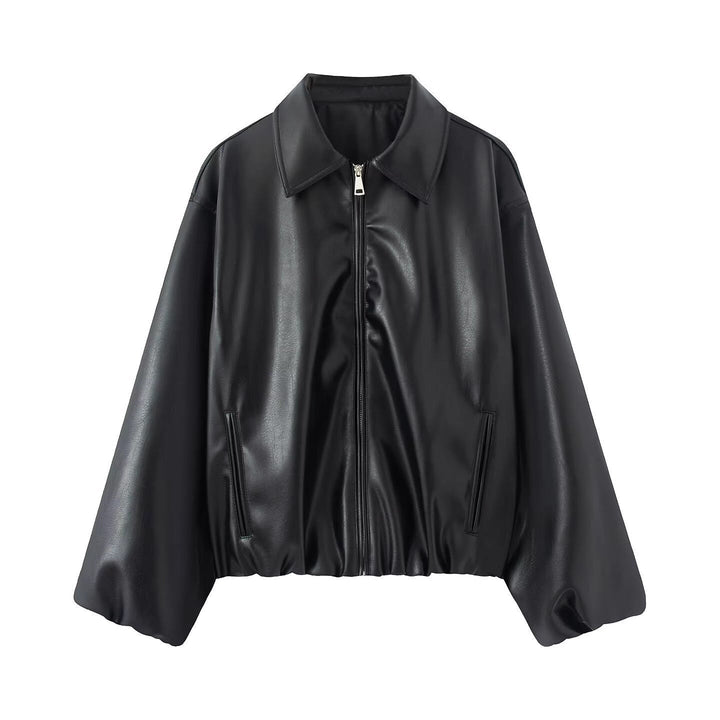 Women Oversize Faux Leather Blouson with Zip and Elastic Hem