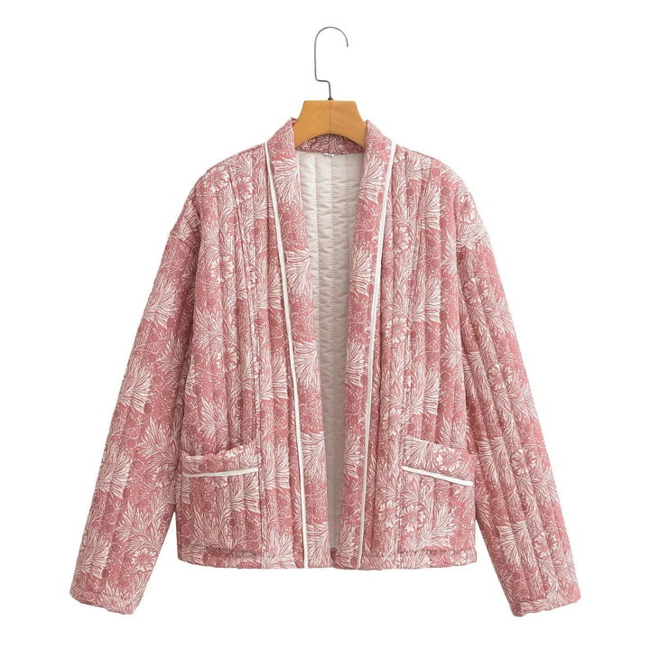 Women Light Quilted Jacket in Kimono Style with Floral Block Print and Contrast Piping
