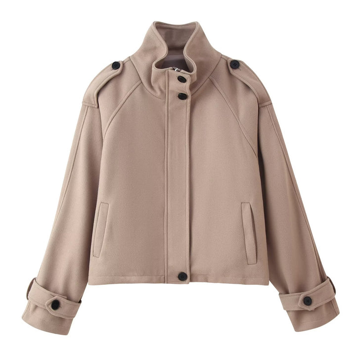 Women Short Wool Blend Jacket with Stand-Up Collar, Shoulder Flaps and Adjustable Cuffs
