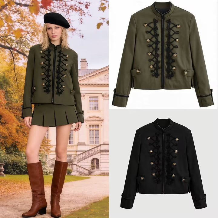 Women’s short military-style jacket with decorative cords and stand-up collar