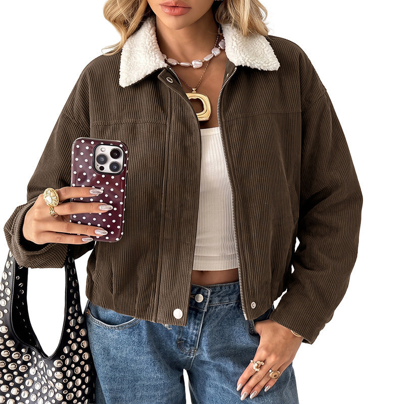 Women Short Cut Cord Jacket with Teddy Lining and Sheep Collar