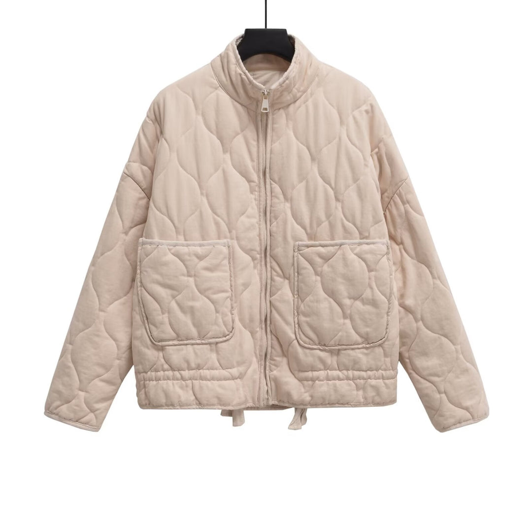 Women’s quilted jacket with stand-up collar, cushion quilting and drawstring