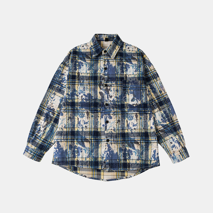 Unisex Overshirt Shirt Jacket in checked cotton blend with artistic paint effect