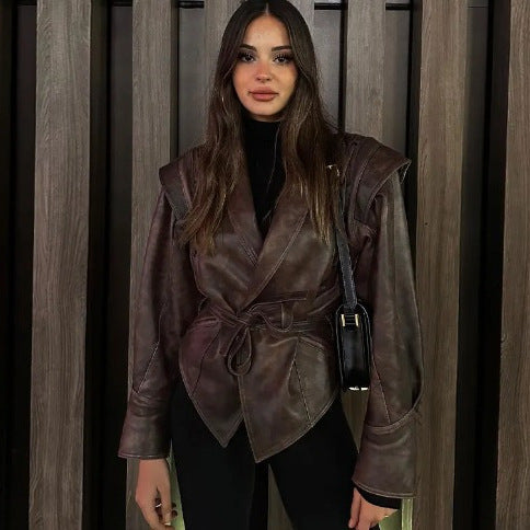 Ladies short jacket made of suede look with wrap belt, shawl collar and lacing detail