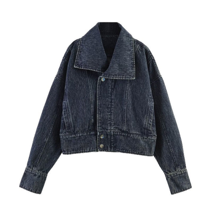 Women oversized cropped jeans jacket with wide collar