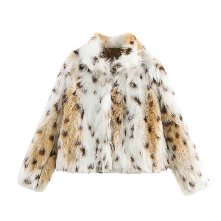 Women short cut boxy faux fur coat with shawl collar