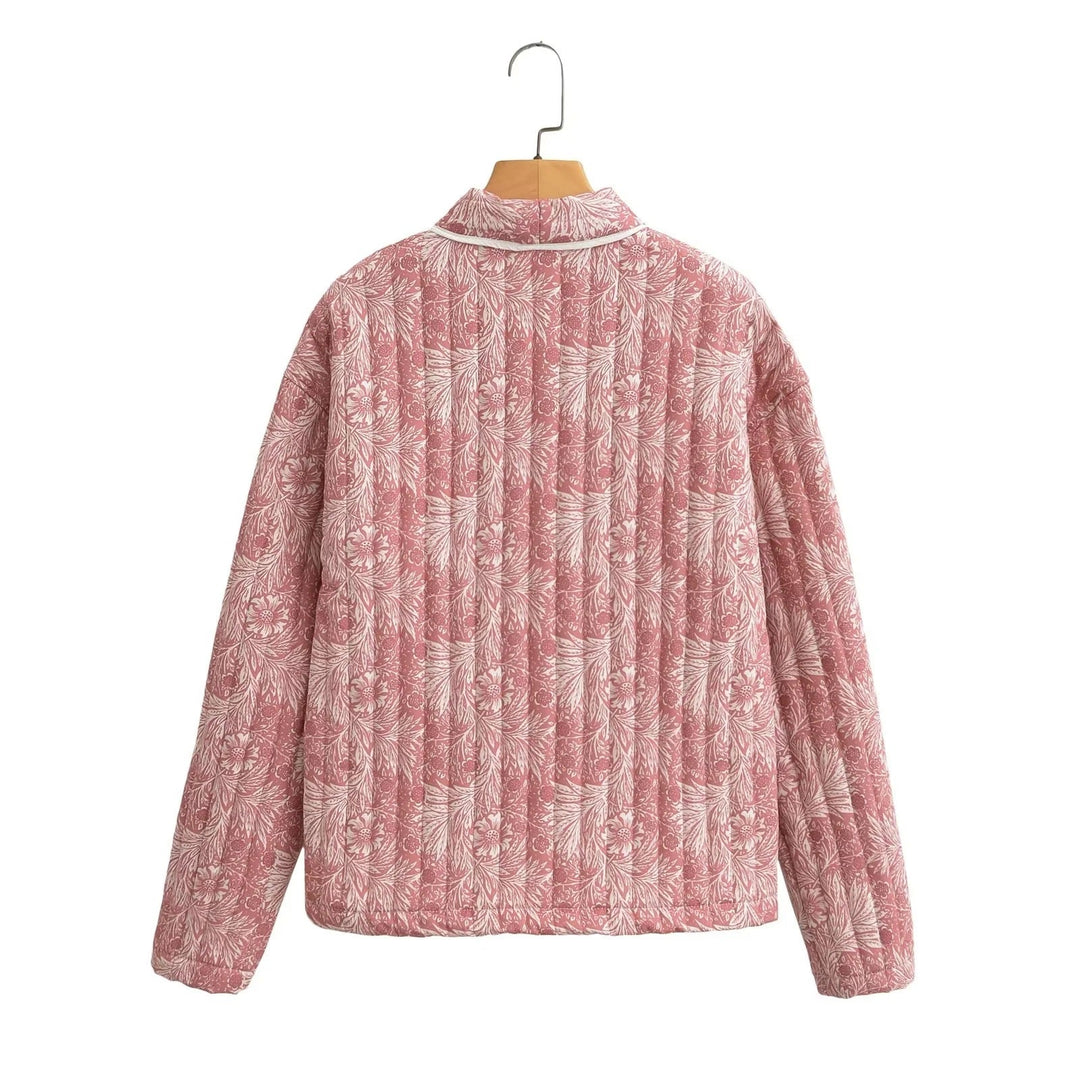 Women Light Quilted Jacket in Kimono Style with Floral Block Print and Contrast Piping