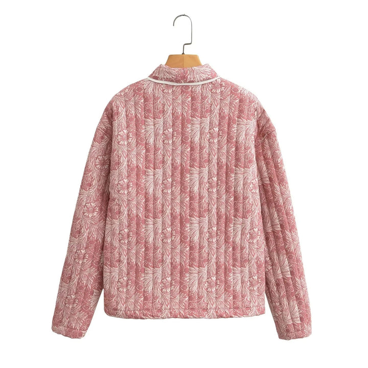 Women Light Quilted Jacket in Kimono Style with Floral Block Print and Contrast Piping