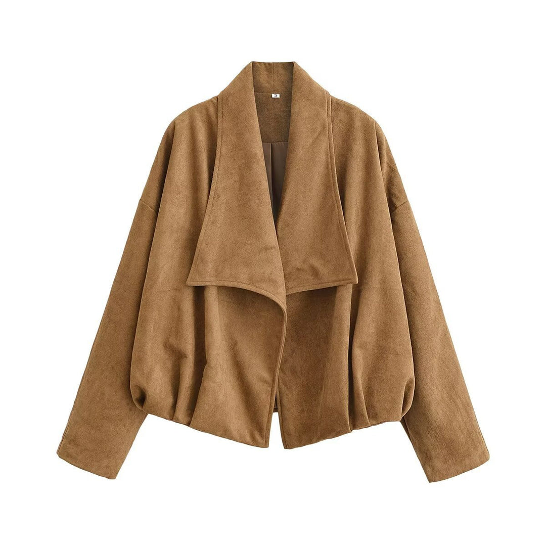 Women’s short jacket in waterfall look with soft velour finish and wide shawl collar