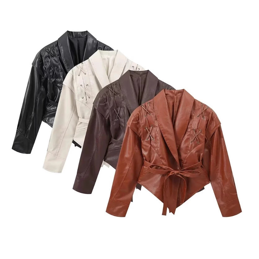 Ladies short jacket made of suede look with wrap belt, shawl collar and lacing detail