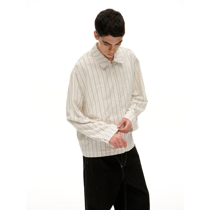 Unisex Lightweight Striped Overshirt Jacket with Shirt Collar and Concealed Zip