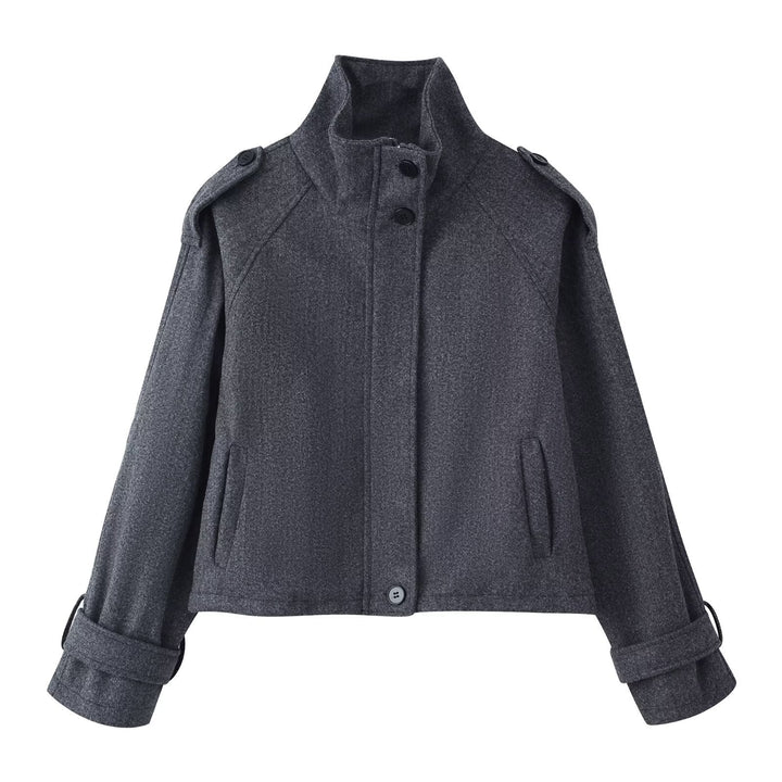 Women Short Wool Blend Jacket with Stand-Up Collar, Shoulder Flaps and Adjustable Cuffs