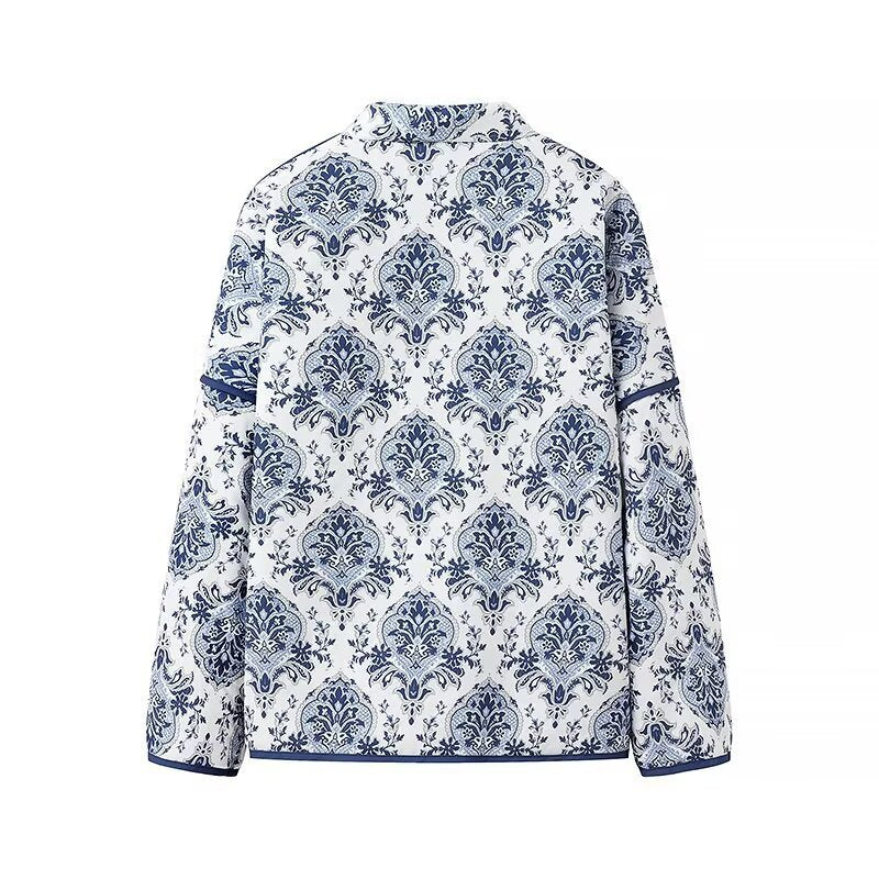 Women Quilted Kimono Jacket with Ornamental Jacquard Look and Contrasting Piping