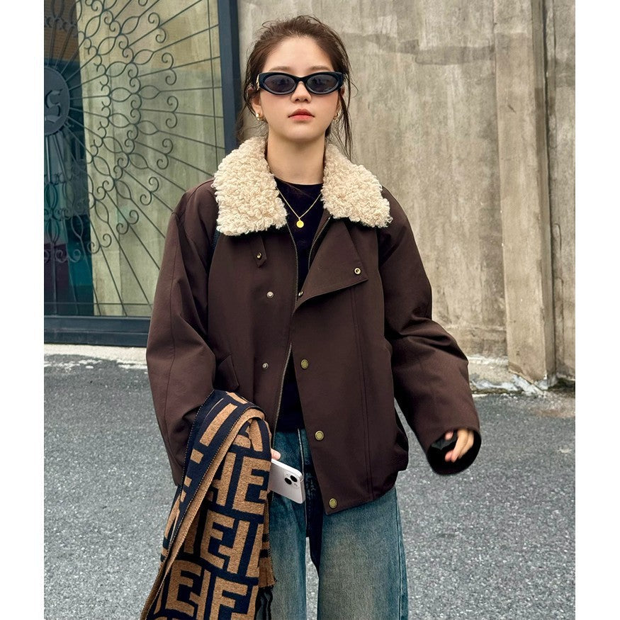 Ladies Short Oversize Boxy Jacket with Teddy Collar and Snap Button Closure