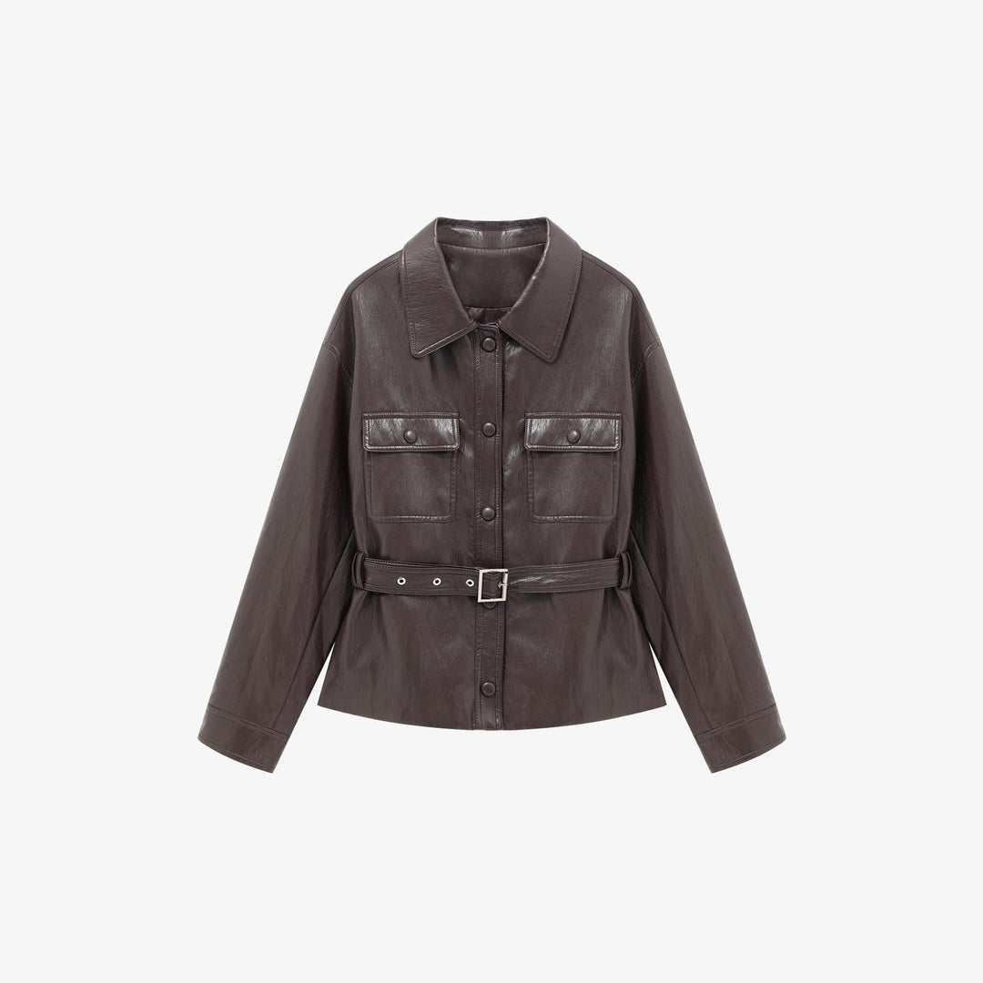 Women’s leather jacket in oversized utility style with waist belt