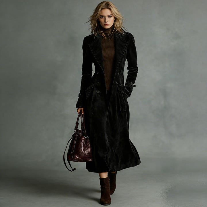 Women Longer Tailored Trench Coat in Suede Look with Double-Breasted Button Placket and Buckle Cuffs