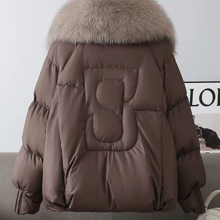 Women nan short padded jacket with voluminous faux fur collar and waist draw