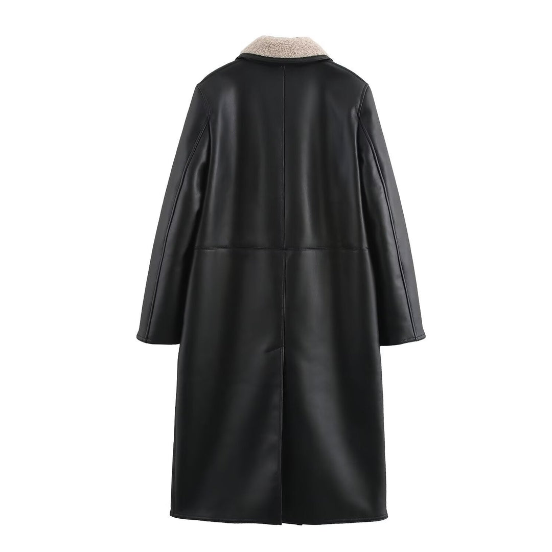 Women Faux Leather Coat with Teddy Lining and Double-Breasted Button Placket