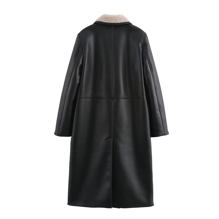 Women Faux Leather Coat with Teddy Lining and Double-Breasted Button Placket